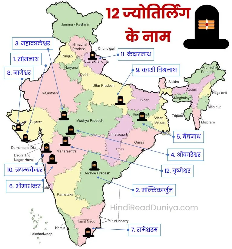 12 Jyotirling ke Naam Aur Sthan Map | 12 ज्योतिर्लिंग के नाम और स्थान मैप